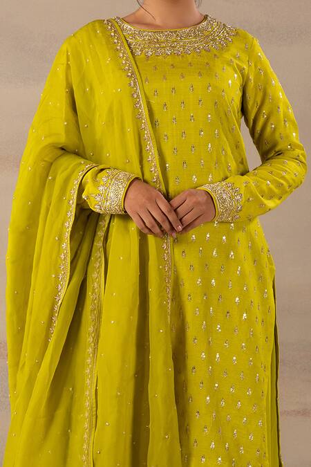 Buy_Anupraas By Nishant And Rahul_Green Organza, Georgette, Bamberg Silk Boat Embroidered Kurta And Palazzo Set _Online_at_Aza_Fashions