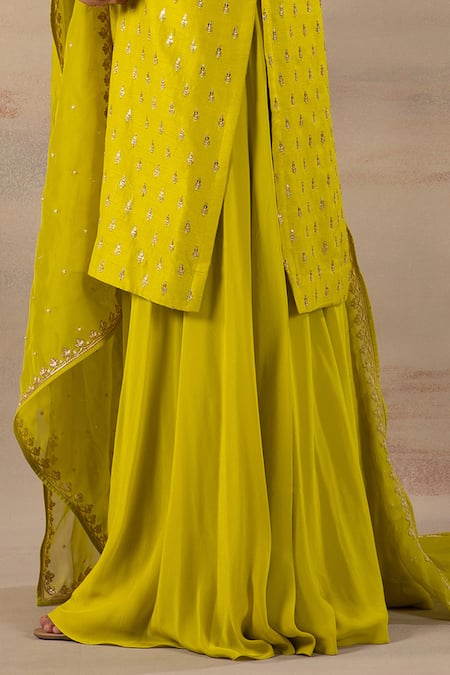 Shop_Anupraas By Nishant And Rahul_Green Organza, Georgette, Bamberg Silk Boat Embroidered Kurta And Palazzo Set _Online_at_Aza_Fashions