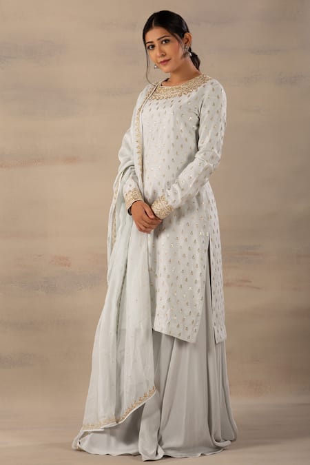 Anupraas By Nishant And Rahul_Blue Organza, Georgette, Bamberg Silk Boat Embroidered Kurta And Palazzo Set _Online_at_Aza_Fashions
