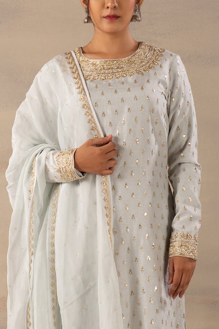 Buy_Anupraas By Nishant And Rahul_Blue Organza, Georgette, Bamberg Silk Boat Embroidered Kurta And Palazzo Set _Online_at_Aza_Fashions