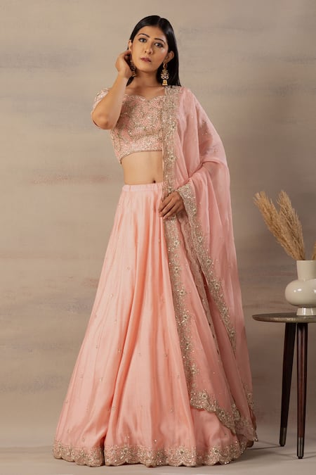 Anupraas By Nishant And Rahul Peach Organza, Spun Munga Leaf Neck Zardozi Embroidered Lehenga Set 