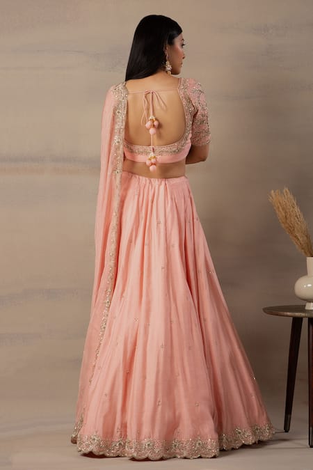 Shop Anupraas By Nishant And Rahul Peach Organza, Spun Munga Leaf Neck Zardozi Embroidered Lehenga Set at Aza Fashions Shop_Anupraas By Nishant And Rahul_Peach Organza, Spun Munga Leaf Neck Zardozi Embroidered Lehenga Set _at_Aza_Fashions