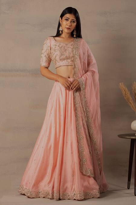 Anupraas By Nishant And Rahul Peach Organza, Spun Munga Leaf Neck Zardozi Embroidered Lehenga Set Online at Aza Fashions Anupraas By Nishant And Rahul_Peach Organza, Spun Munga Leaf Neck Zardozi Embroidered Lehenga Set _Online_at_Aza_Fashions