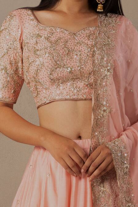 Buy Anupraas By Nishant And Rahul Peach Organza, Spun Munga Leaf Neck Zardozi Embroidered Lehenga Set Online at Aza Fashions Buy_Anupraas By Nishant And Rahul_Peach Organza, Spun Munga Leaf Neck Zardozi Embroidered Lehenga Set _Online_at_Aza_Fashions