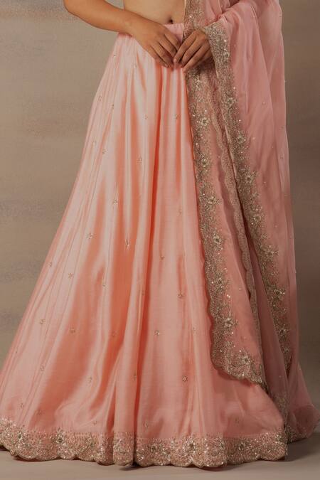 Shop Anupraas By Nishant And Rahul Peach Organza, Spun Munga Leaf Neck Zardozi Embroidered Lehenga Set Online at Aza Fashions Shop_Anupraas By Nishant And Rahul_Peach Organza, Spun Munga Leaf Neck Zardozi Embroidered Lehenga Set _Online_at_Aza_Fashions