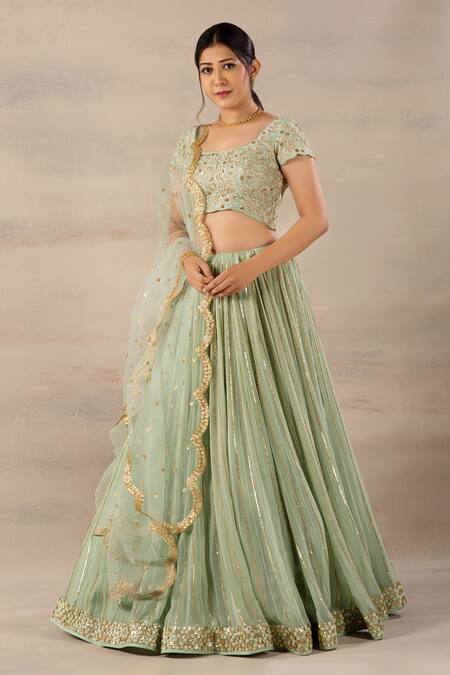 Anupraas By Nishant And Rahul_Green Net, Georgette, Bamberg Silk Scoop Neck Embroidered Lehenga Set _Online_at_Aza_Fashions