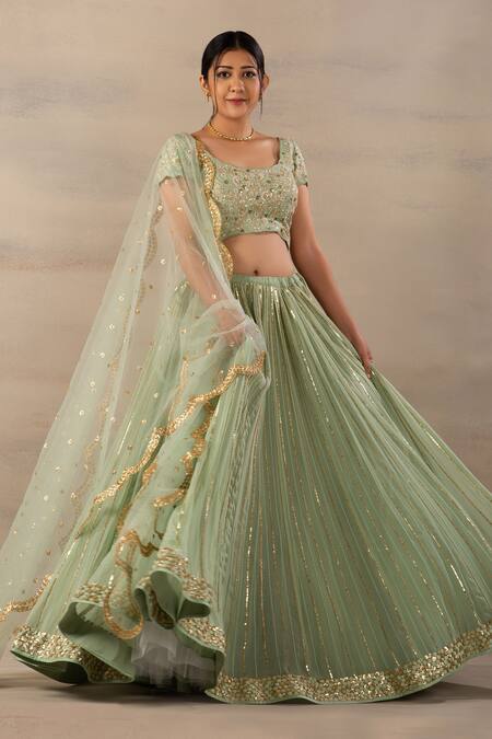 Buy_Anupraas By Nishant And Rahul_Green Net, Georgette, Bamberg Silk Scoop Neck Embroidered Lehenga Set _Online_at_Aza_Fashions