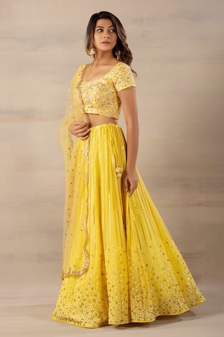 Anupraas By Nishant And Rahul_Yellow Net, Georgette, Bamberg Silk Scoop Neck Embroidered Lehenga Set _Online_at_Aza_Fashions