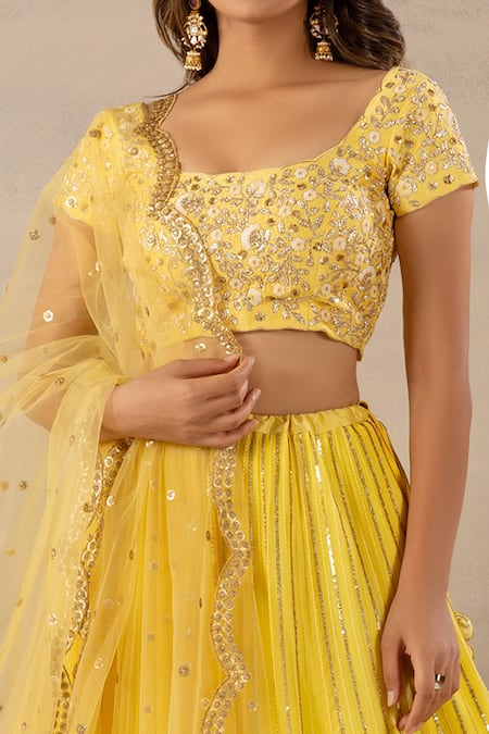 Buy_Anupraas By Nishant And Rahul_Yellow Net, Georgette, Bamberg Silk Scoop Neck Embroidered Lehenga Set _Online_at_Aza_Fashions