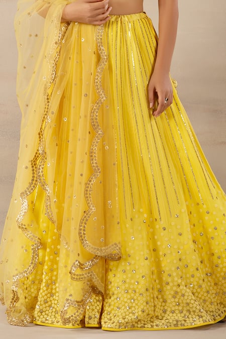 Shop_Anupraas By Nishant And Rahul_Yellow Net, Georgette, Bamberg Silk Scoop Neck Embroidered Lehenga Set _Online_at_Aza_Fashions