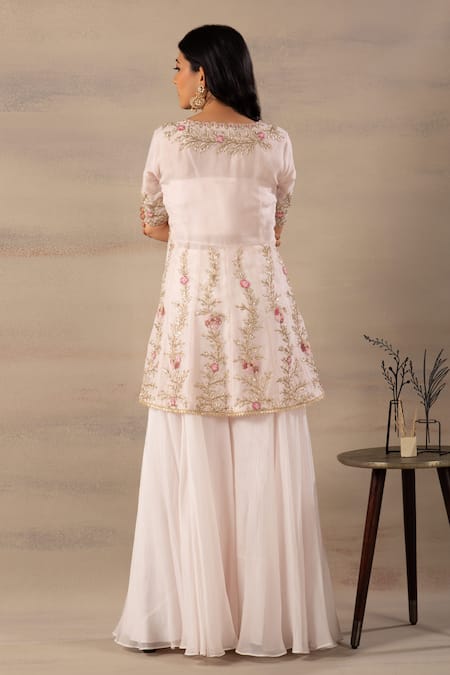 Shop Anupraas By Nishant And Rahul Pink Organza V Neck Kurta And Palazzo Set at Aza Fashions Shop_Anupraas By Nishant And Rahul_Pink Organza V Neck Kurta And Palazzo Set _at_Aza_Fashions