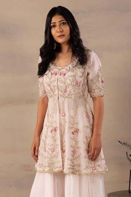 Anupraas By Nishant And Rahul Pink Organza V Neck Kurta And Palazzo Set Online at Aza Fashions Anupraas By Nishant And Rahul_Pink Organza V Neck Kurta And Palazzo Set _Online_at_Aza_Fashions