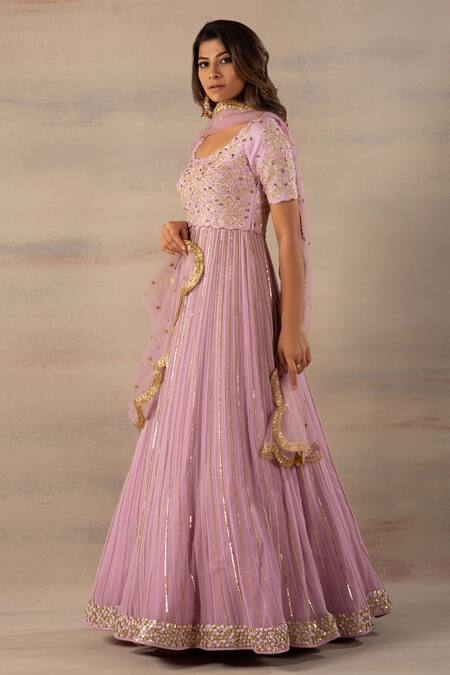 Anupraas By Nishant And Rahul_Purple Net, Georgette, Bamberg Silk Scoop Neck Embroidered Anarkali With Dupatta _Online_at_Aza_Fashions