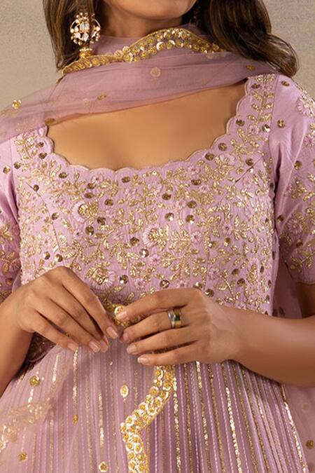 Buy_Anupraas By Nishant And Rahul_Purple Net, Georgette, Bamberg Silk Scoop Neck Embroidered Anarkali With Dupatta _Online_at_Aza_Fashions