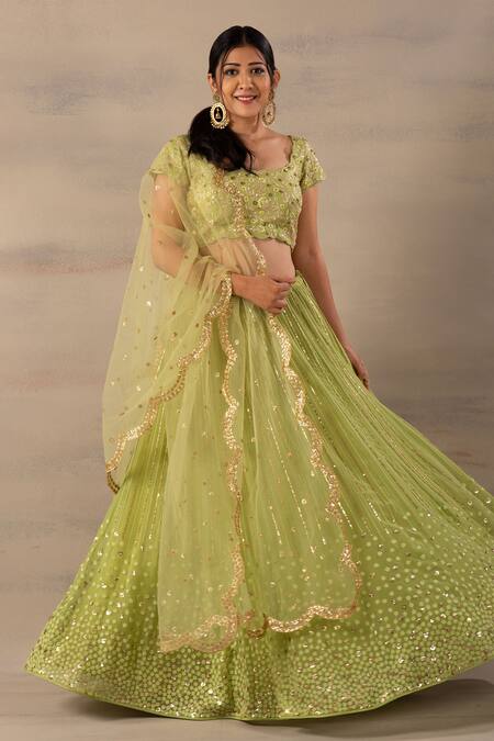 Anupraas By Nishant And Rahul Green Net, Georgette, Bamberg Silk Scoop Neck Embroidered Lehenga Set Online at Aza Fashions Anupraas By Nishant And Rahul_Green Net, Georgette, Bamberg Silk Scoop Neck Embroidered Lehenga Set _Online_at_Aza_Fashions