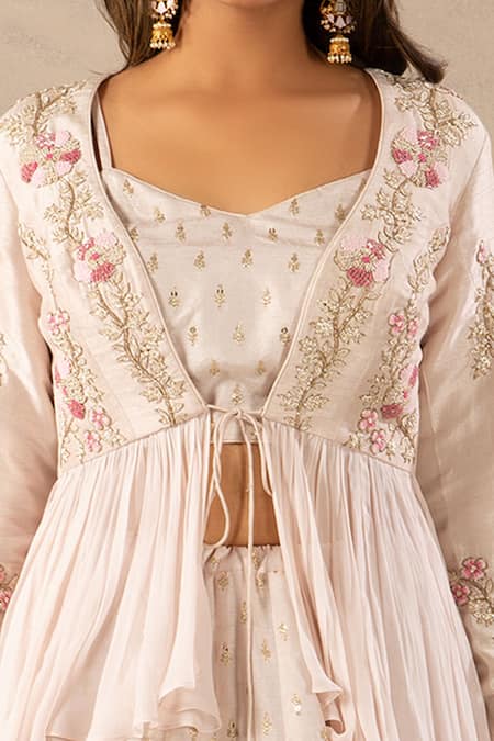 Buy_Anupraas By Nishant And Rahul_Pink Georgette, Bamberg Silk Sweetheart Neck Peplum Jacket And Lehenga Set _Online_at_Aza_Fashions