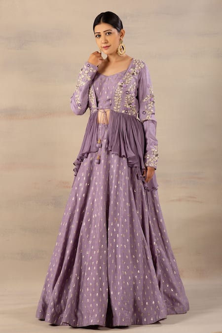 Anupraas By Nishant And Rahul_Purple Georgette, Bamberg Silk Sweetheart Neck Peplum Jacket And Lehenga Set _Online_at_Aza_Fashions