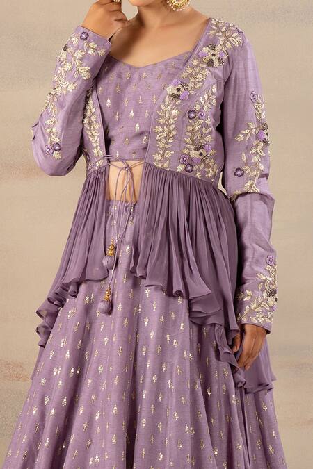 Buy_Anupraas By Nishant And Rahul_Purple Georgette, Bamberg Silk Sweetheart Neck Peplum Jacket And Lehenga Set _Online_at_Aza_Fashions