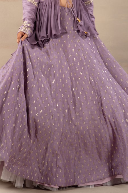 Shop_Anupraas By Nishant And Rahul_Purple Georgette, Bamberg Silk Sweetheart Neck Peplum Jacket And Lehenga Set _Online_at_Aza_Fashions