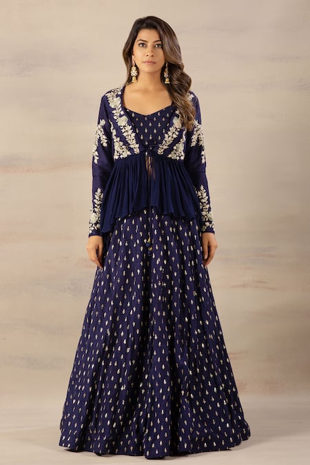 Anupraas By Nishant And Rahul_Blue Georgette, Bamberg Silk Sweetheart Neck Peplum Jacket And Lehenga Set _Online_at_Aza_Fashions