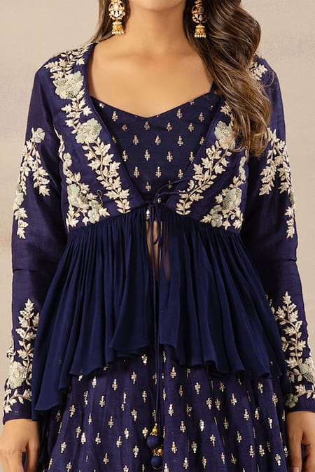 Buy_Anupraas By Nishant And Rahul_Blue Georgette, Bamberg Silk Sweetheart Neck Peplum Jacket And Lehenga Set _Online_at_Aza_Fashions