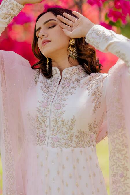Anupraas By Nishant And Rahul Pink Georgette, Bemberg Silk Zardozi Mandarin Collar Embroidered Kalidar Kurta Online at Aza Fashions Anupraas By Nishant And Rahul_Pink Georgette, Bemberg Silk Zardozi Mandarin Collar Embroidered Kalidar Kurta _Online_at_Aza_Fashions