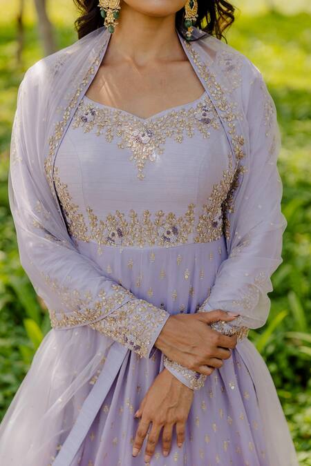 Anupraas By Nishant And Rahul_Purple Net, Georgette, Bemberg Silk Embroidered Kalidar Kurta With Dupatta _Online_at_Aza_Fashions