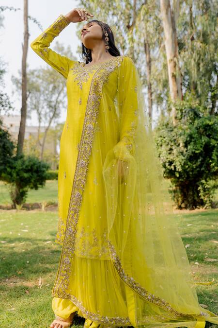 Anupraas By Nishant And Rahul_Green Net, Georgette, Bamberg Silk Pitta, Zardozi Embroidered Kurta Sharara Set _Online_at_Aza_Fashions
