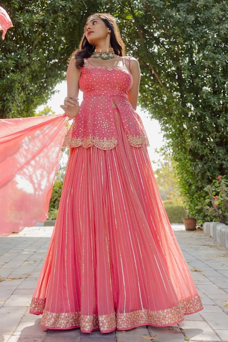 Shop Pink Embroidered Georgette Festival Peplum Top Lehenga From Ethnic Plus