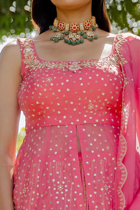 Shop_Anupraas By Nishant And Rahul_Pink Organza, Georgette Floral Square Neck Embroidered Peplum Top And Lehenga Set _Online_at_Aza_Fashions