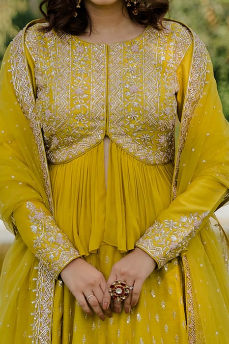Buy_Anupraas By Nishant And Rahul_Yellow Net, Georgette, Bemberg Silk Floral Embroidered Peplum Top And Skirt Set _Online_at_Aza_Fashions