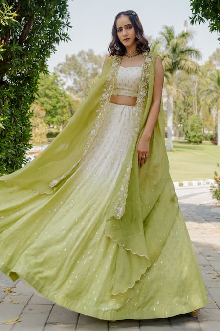 Anupraas By Nishant And Rahul_Green Organza, Georgette, Bemberg Silk Embroidered Cape And Ombre Lehenga Set _Online_at_Aza_Fashions