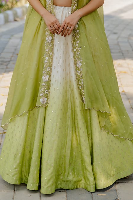 Buy_Anupraas By Nishant And Rahul_Green Organza, Georgette, Bemberg Silk Embroidered Cape And Ombre Lehenga Set _Online_at_Aza_Fashions