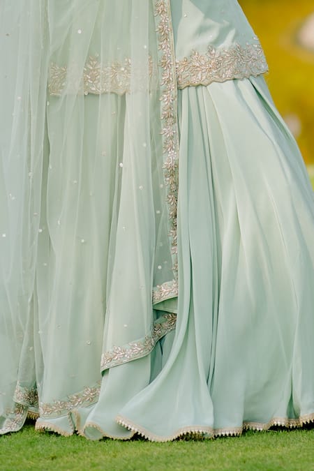 Buy_Anupraas By Nishant And Rahul_Green Net, Crepe Floral Keyhole Embroidered Kurta And Skirt Set _Online_at_Aza_Fashions