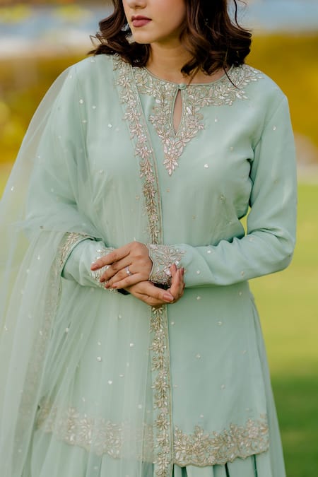 Shop_Anupraas By Nishant And Rahul_Green Net, Crepe Floral Keyhole Embroidered Kurta And Skirt Set _Online_at_Aza_Fashions