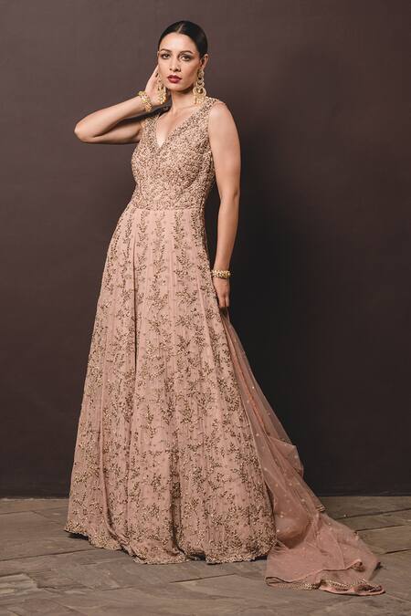 Nitika Gujral Beige Gown Georgette Dupatta Tulle V Neck Embroidered Anarkali With Online at Aza Fashions Nitika Gujral_Beige Gown Georgette Dupatta Tulle V Neck Embroidered Anarkali With _Online_at_Aza_Fashions