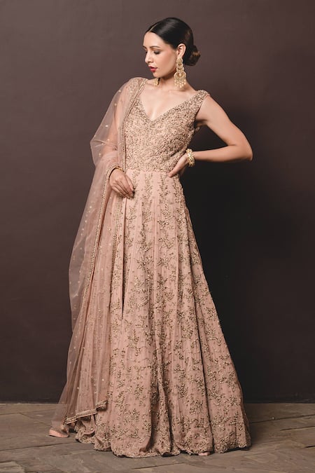Buy Nitika Gujral Beige Gown Georgette Dupatta Tulle V Neck Embroidered Anarkali With Online at Aza Fashions Buy_Nitika Gujral_Beige Gown Georgette Dupatta Tulle V Neck Embroidered Anarkali With _Online_at_Aza_Fashions