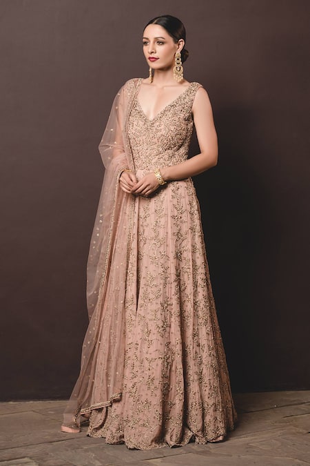 Shop Nitika Gujral Beige Gown Georgette Dupatta Tulle V Neck Embroidered Anarkali With Online at Aza Fashions Shop_Nitika Gujral_Beige Gown Georgette Dupatta Tulle V Neck Embroidered Anarkali With _Online_at_Aza_Fashions