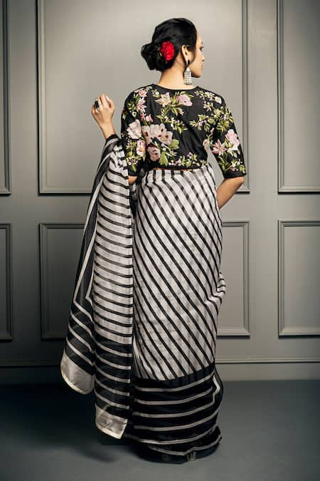 Georgette Black & White Striped Saree Bollywood Style Zebra Printed Lining  Pattern with Sequence Lace Border