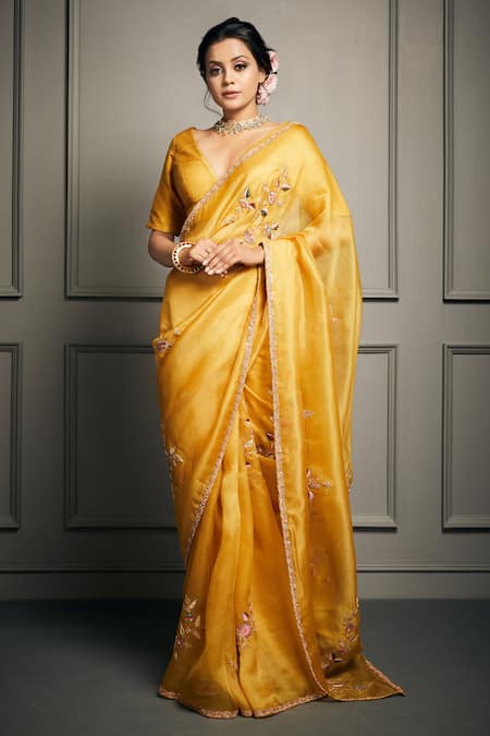Stotram_Yellow Organza V Neck Saree With Blouse_Online_at_Aza_Fashions