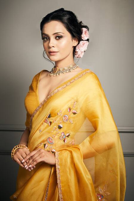 Shop_Stotram_Yellow Organza V Neck Saree With Blouse_Online_at_Aza_Fashions