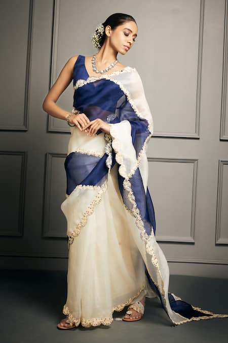 Buy White Pure Cotton Bengal Tant Saree with Blue Border