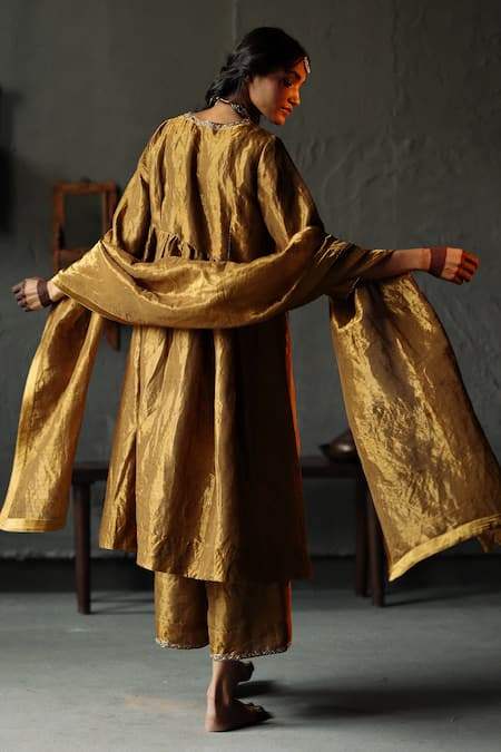 Shop_Shorshe Clothing_Gold Handloom Tissue, Lining Shantoon Plain V Neck Anarkali And Farshi Pant Set _at_Aza_Fashions