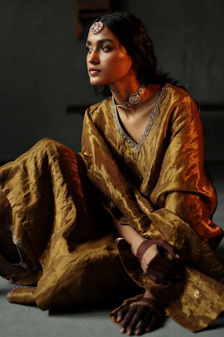 Shop_Shorshe Clothing_Gold Handloom Tissue, Lining Shantoon Plain V Neck Anarkali And Farshi Pant Set _Online_at_Aza_Fashions