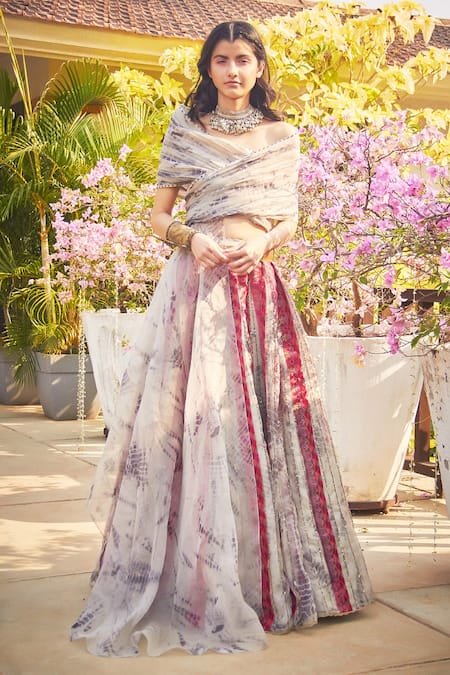 Jade by Monica and Karishma Grey Silk Organza Blouse And Lehenga Set