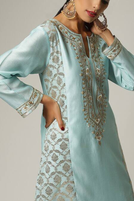Shop_Anantaa By Roohi_Blue Silk Chanderi Embroidered Kurta _Online_at_Aza_Fashions