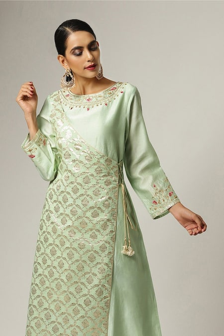 Shop Anantaa By Roohi Green Silk Chanderi Embroidered Kurta Online at Aza Fashions Shop_Anantaa By Roohi_Green Silk Chanderi Embroidered Kurta _Online_at_Aza_Fashions
