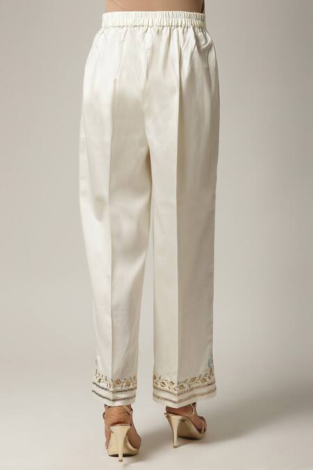 Anantaa By Roohi_White Cotton Satin Embroidered Palazzo_Online_at_Aza_Fashions