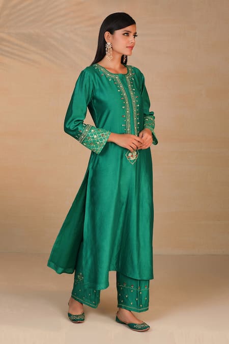 Teal Green Chanderi Silk Kurti with Pant – Thogai Threads