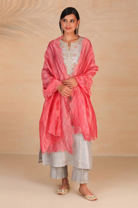 Buy_Anantaa by Roohi_Grey Silk Chanderi Kurta _Online_at_Aza_Fashions